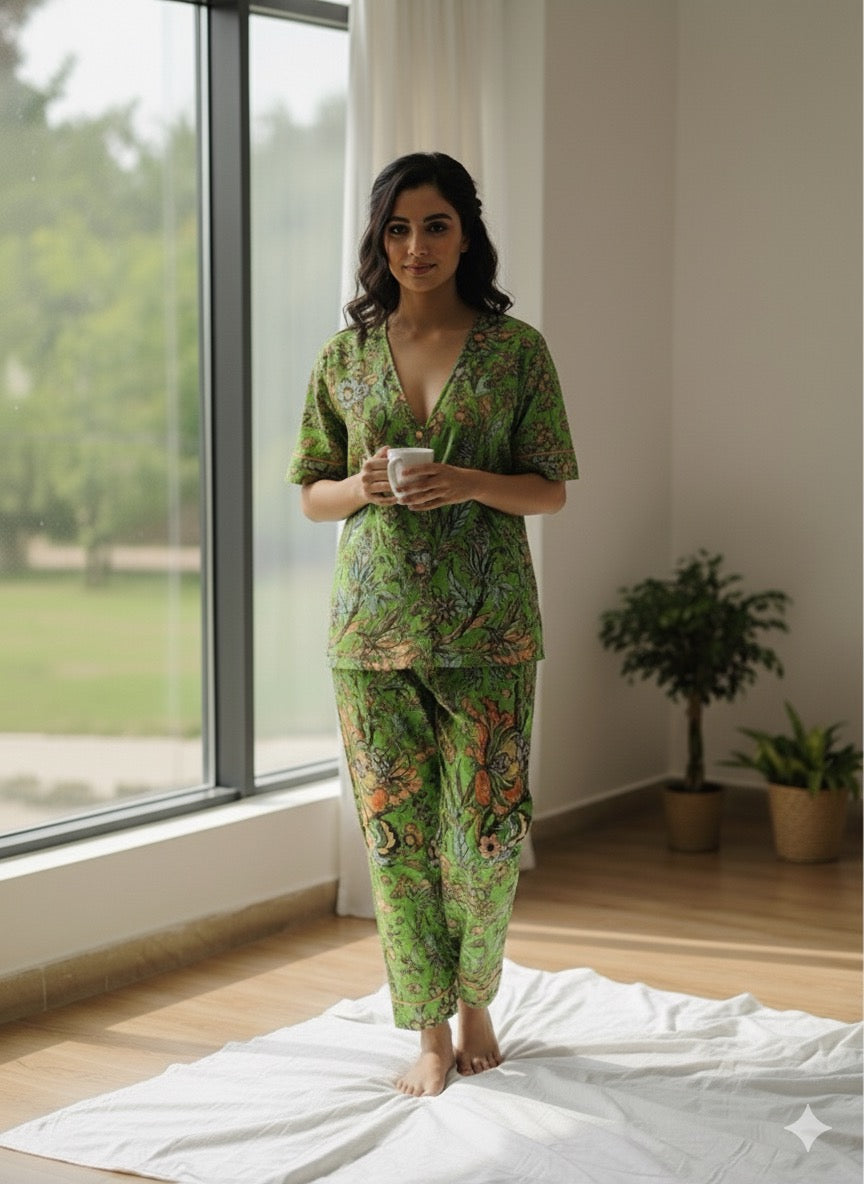 Sanganeri Green Pajama Set