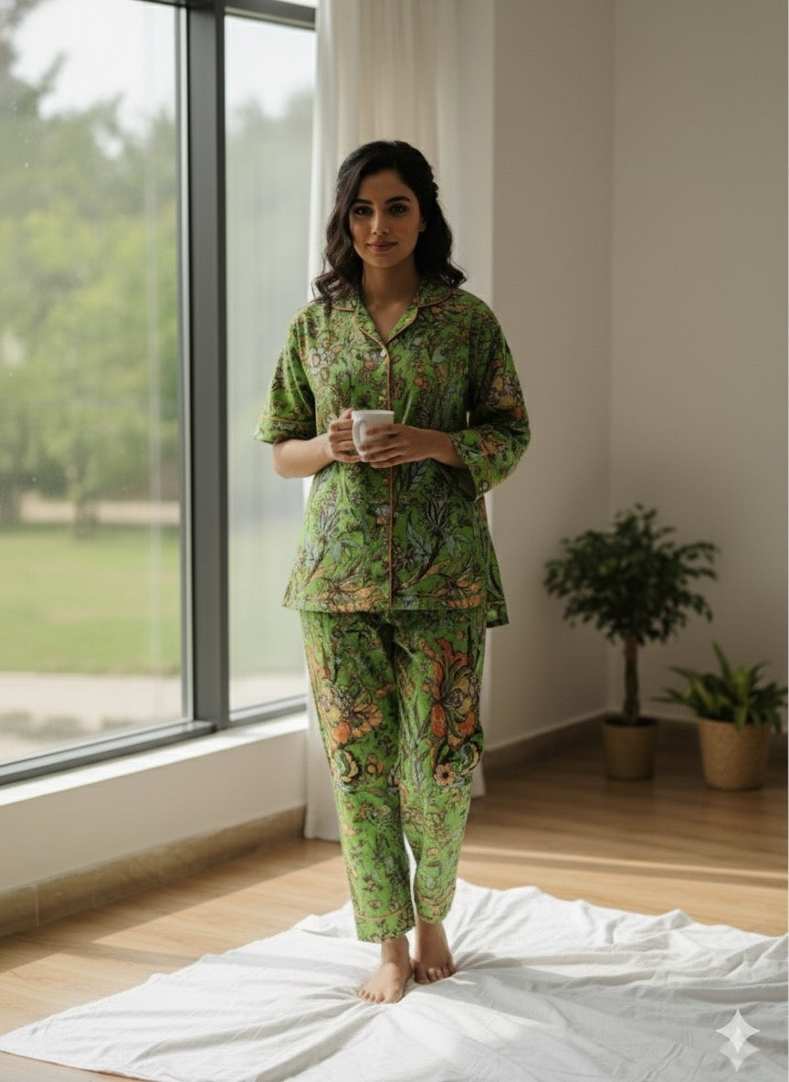Sanganeri Green Pajama Set
