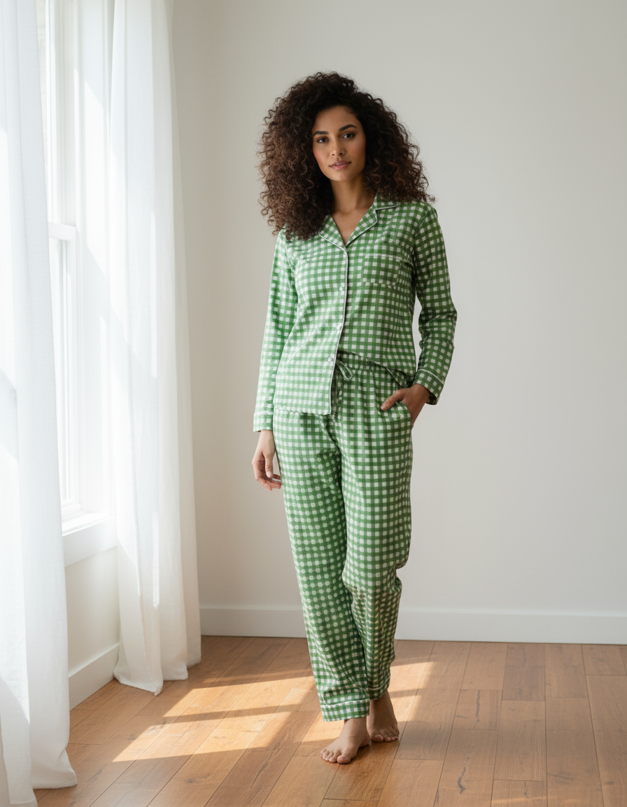 Classic Green Gingham Flannel Pyjama Set